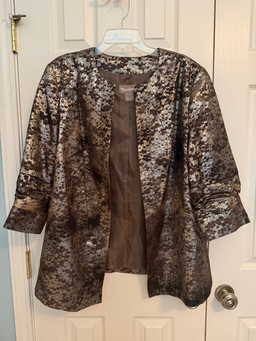 TanJay Metallic Brown Open-Front Patterned Jacket 18W LikeNew 3/4 sleeve